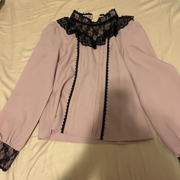 Dear My Love Pink and Black Jirai Long Sleeve Mock High Collar Yoke Lace Blouse - Picture 5 of 5